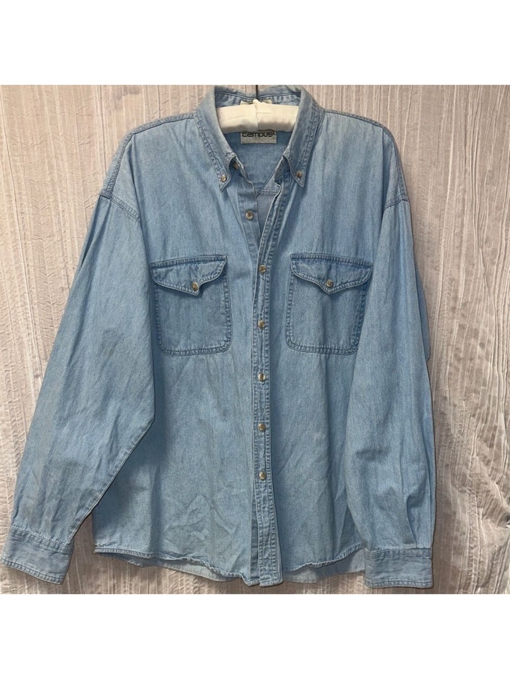 campus 1X Vintage Wash Upcycled Denim Blue Long Sleeve Shirt Snow Leopard Back